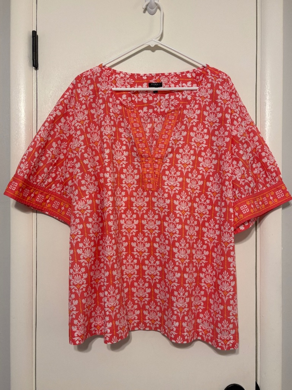 Talbots Women's Plus S/S Floral Print V-Neck Popover Shirt Top Blouse 3X Coral
